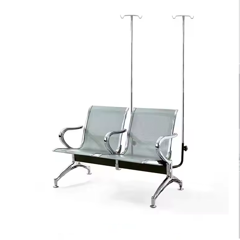 Banco de Espera Hospitalar Inox com Suporte para Soro (Longarina de Tratamento) (62x160x80cm)