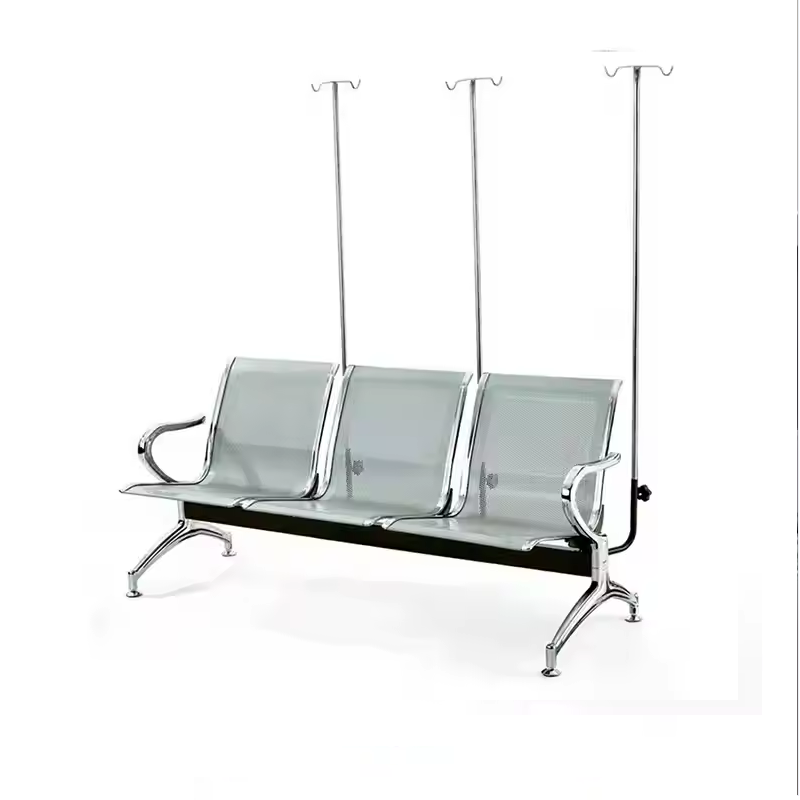 Banco de Espera Hospitalar Inox com 3 Suportes para Soro (Longarina de Tratamento) (62x160x80cm)