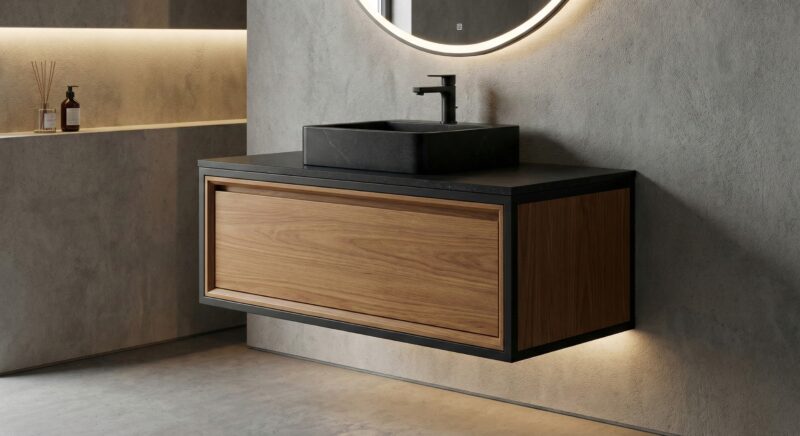 Gabinete de banheiro suspenso estilo industrial ferro preto e madeira freijó